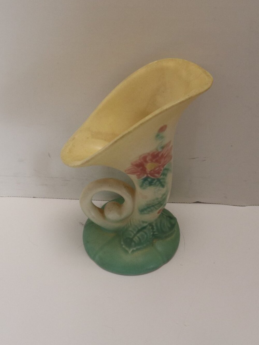 Vintage HULL Art Pottery Horn Small Vase Floral Matte Pink & Blue 6-Inch 1940's
